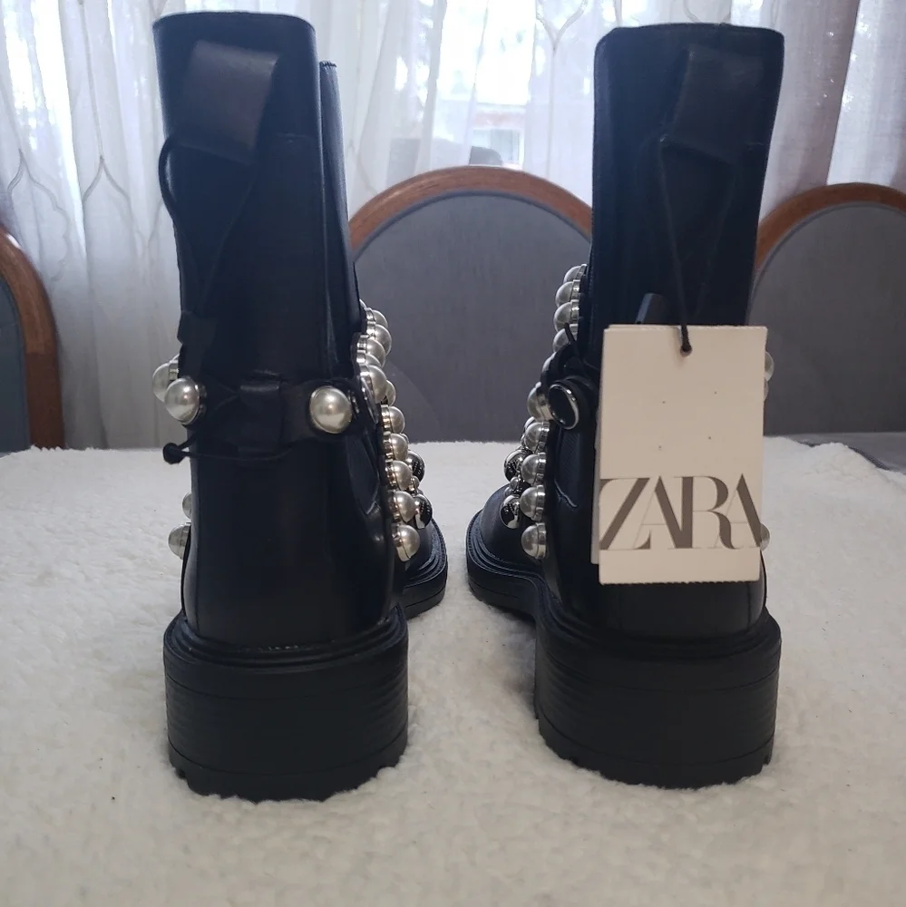 NWT Zara Black Leather Faux Pearl Accents Ankle Boots Size 38 - Picture 9 of 13